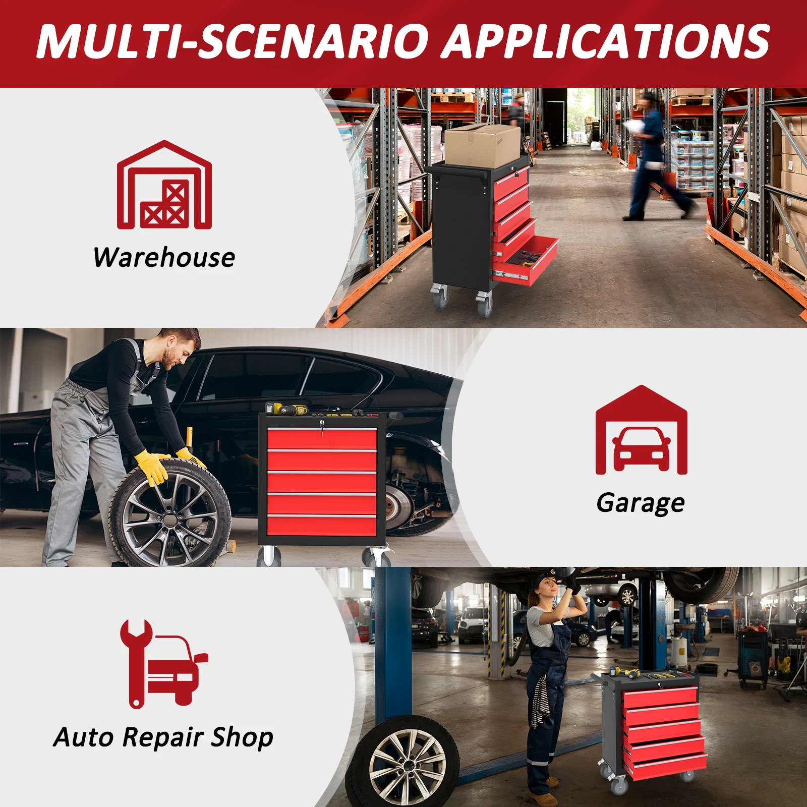 Cassettiera portautensili Kieperi a 5 cassetti con ruote, cassette portautensili portatili con ruote