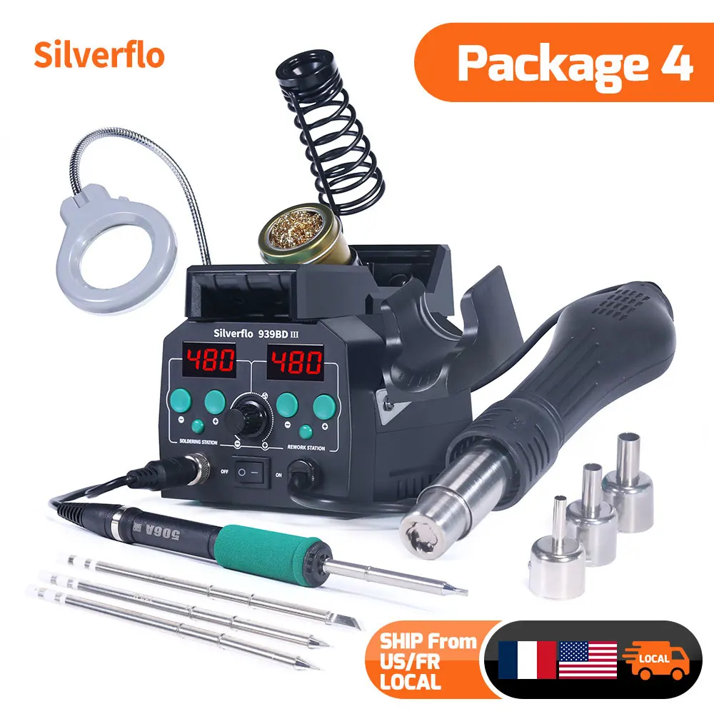 תחנת היציקה Silverflo 938BD-III חימום מהיר T12 תחנת היציקה באוויר חם עם שינה אוטומטית לשיפוץ SMD