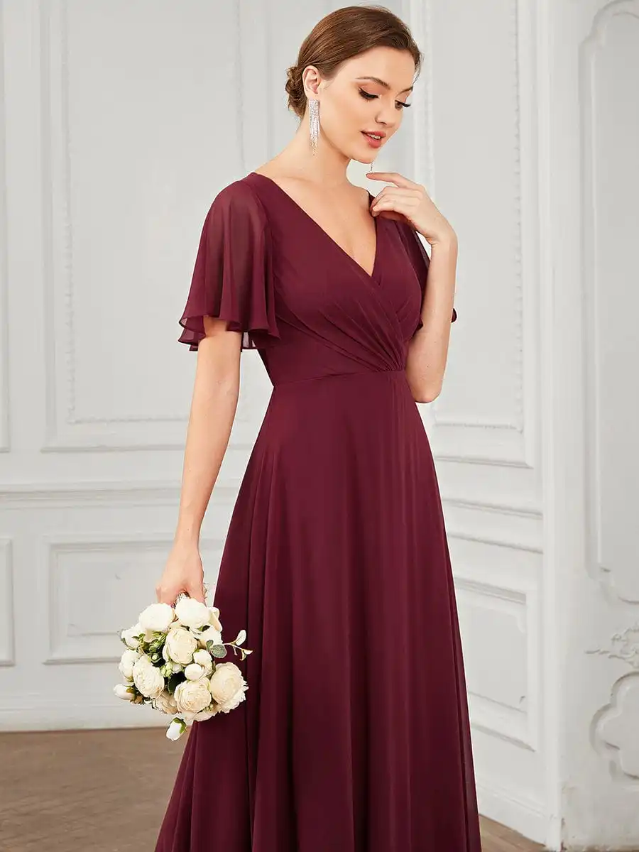 Simple Chiffon Tie-Back Keyhole Short Sleeve A-line Bridesmaid Dress V Neck Pleated Prom Dresses Floor Length Evening Dresses