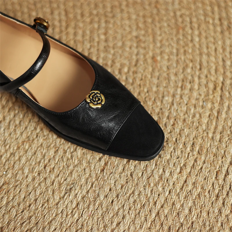 حذاء ماري جين المسطح النسائي المتطور - جلد الغنم الفاخر مع إبزيم وردي، أسود وبني، كعب 0.8 بوصة، مريح #5