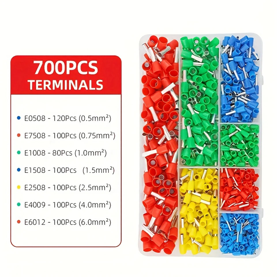 700PCS Ferrule Wire Connectors Kit Insulated Cord Pin End Terminals Crimp Terminal Assortment Set PA66 C11000 Copper 0.5-6mm²