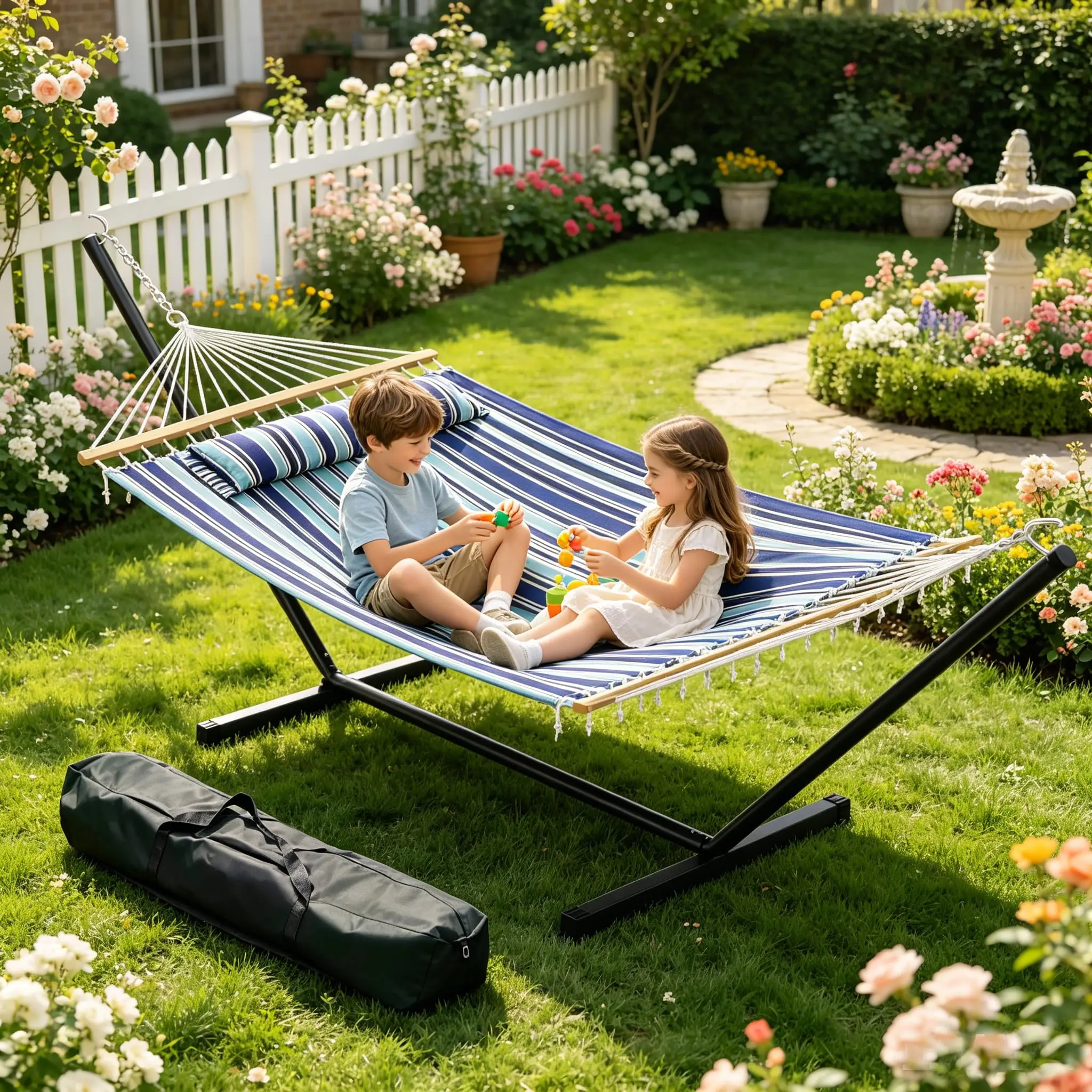 Hamac double avec structure, capacité de charge jusqu'à 215 kg, hamac de jardin résistant aux intempéries avec oreiller et sac, cordes triple-torsion, hamac pour jardin, terrasse, camping et plage