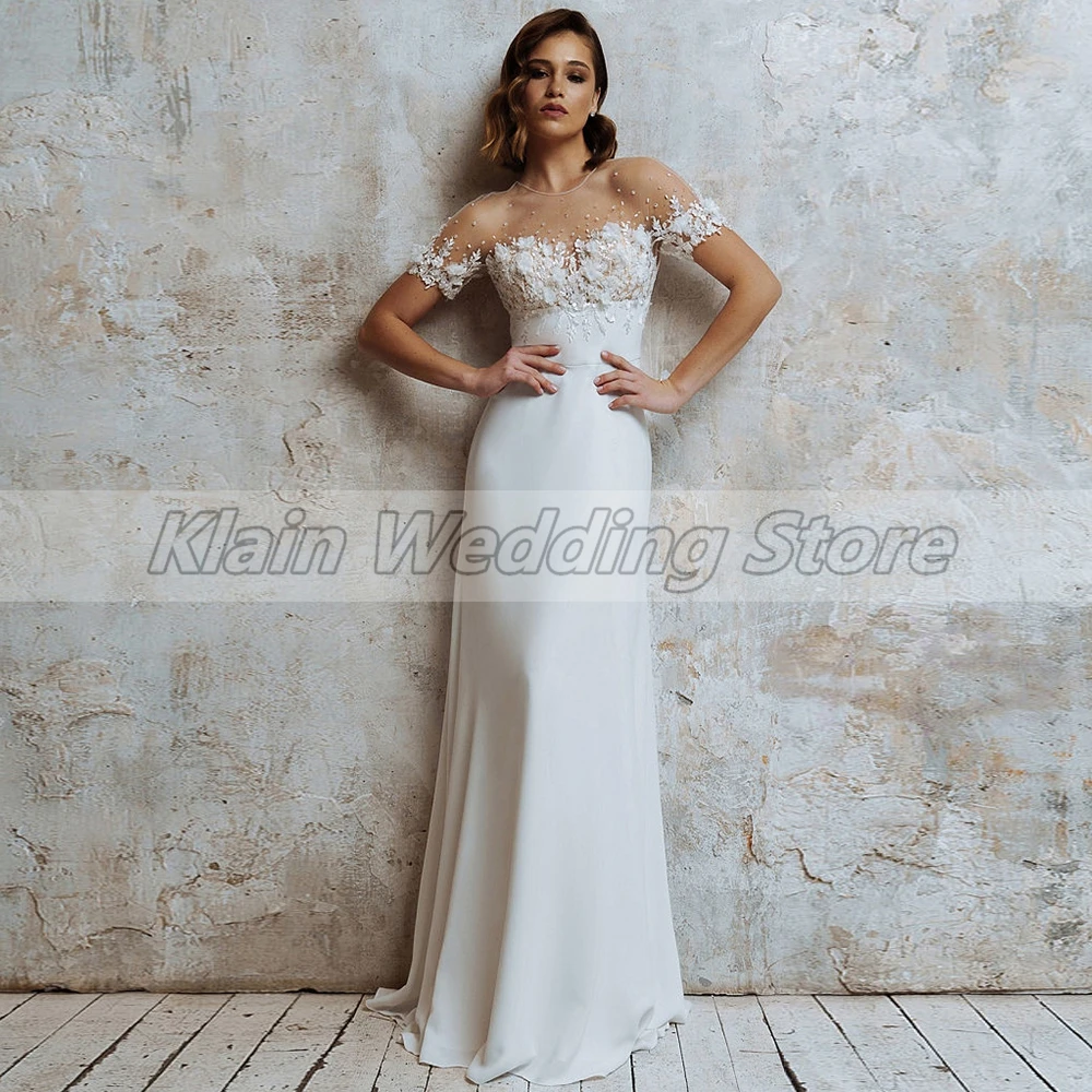 Vestido de novia de playa personalizado Weilinsha Blanco Simple de manga corta con apliques para novia ilusión cuello redondo señoras tren de barrido nupcial