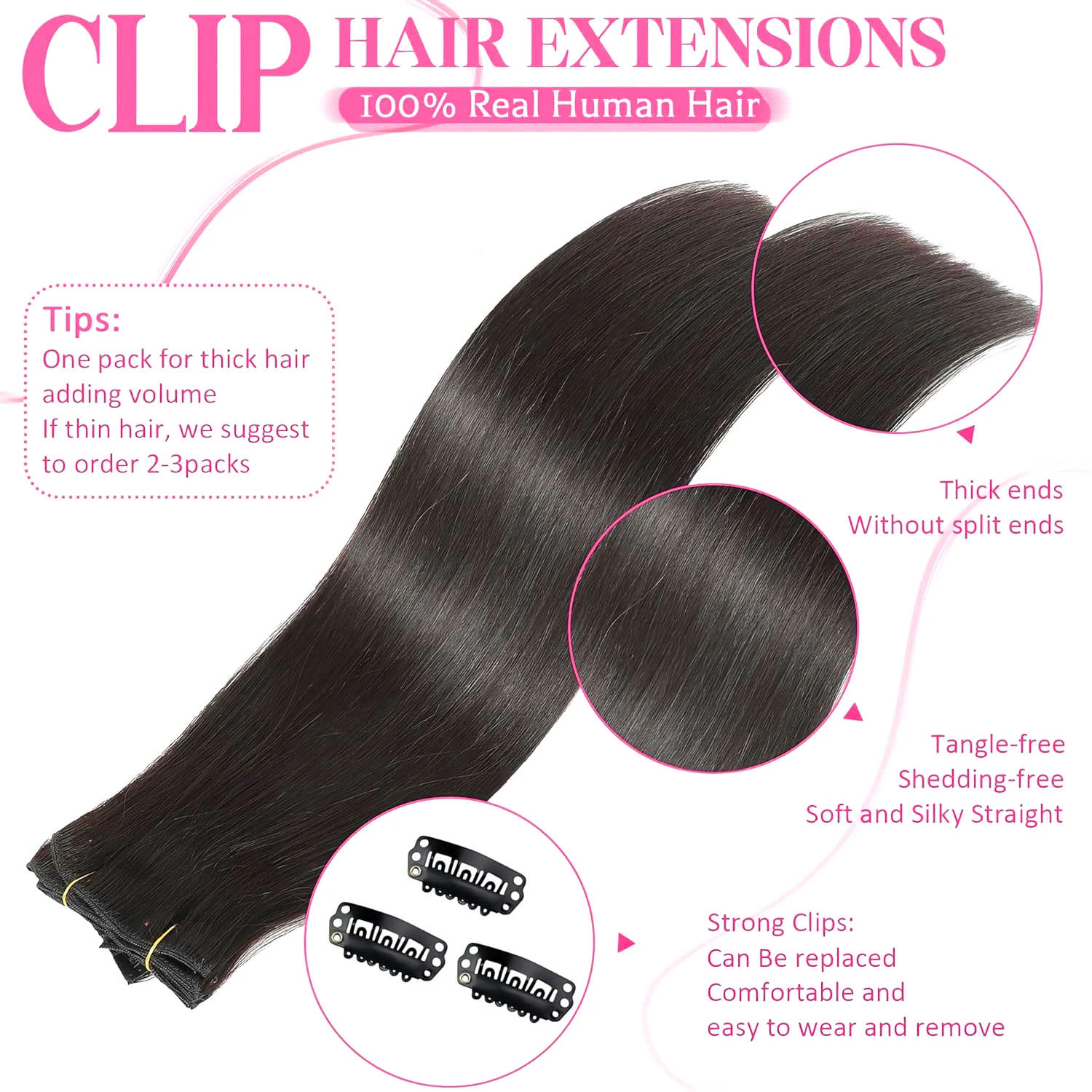 Straight Clip in Hair Extensions Brazilian Real Human Hair Clip ins Hair Extensions 8pcs with 18Clips Clip on Hair Extensions 1B