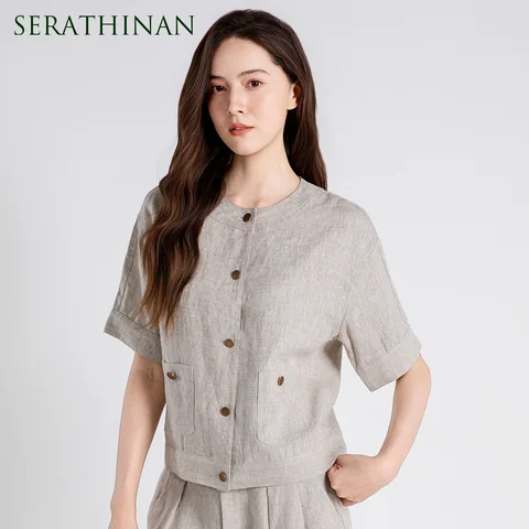 TH661211 Luxury Pure Linen LP Women's Coats Metallic Button Short Sleeve Jacket Loose Pocket Outwear Summer Jacket