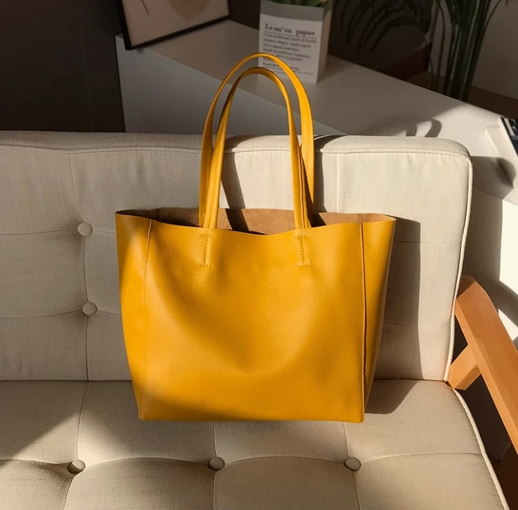 

Horizontal yellow genuine leather tote bag for women large capacity first layer cowhide casual lazy shoulder large bag