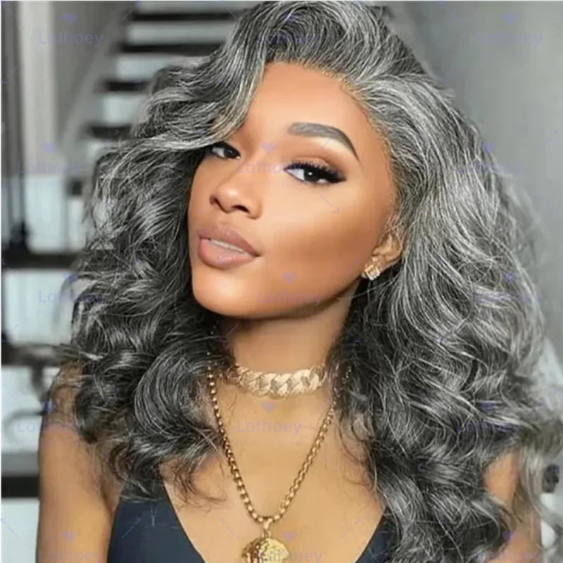 شفاف فلفل رمادي للمبتدئين ودية الجسم موجة الدانتيل الجبهة الباروكات متموجة غلويليس شعر مستعار شعر مستعار الإنسان