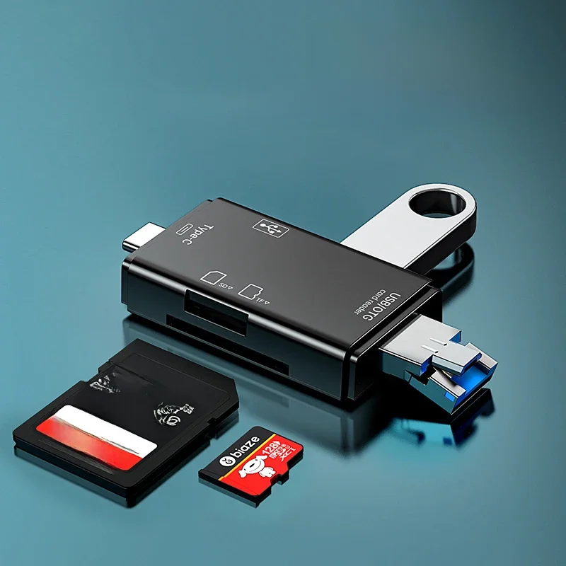 Multifunções Smart Memory Card Reader, 6 em 1, OTG, Leitor de Cartão SD, USB 2.0, Tipo C, TF, SD,