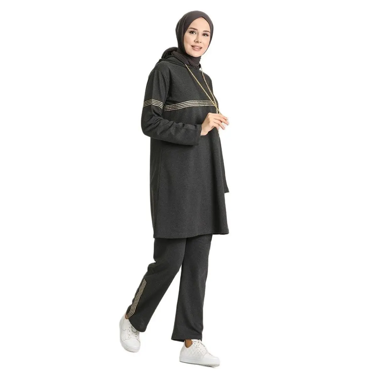 Women Tracksuit Set Hooded  Rope  Detail  Unlined  Long  Sleeve  Seasonal  Summer  Women  Hijab Clothing Muslim Fashion Stylish