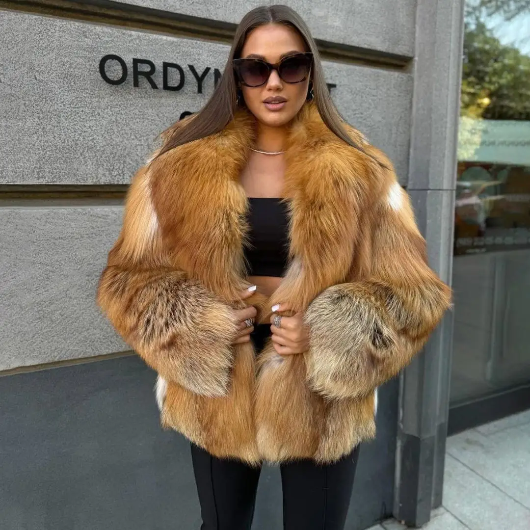 Mid-length Real Red Fox Fur Coat with Lapel Collar Winter Fashion Full Pelt Genuine Red Fox Fur Jacket Luxury Woman Overcoats