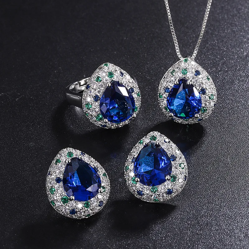

Drop Shape Blue Sapphire Micro Setting Zircon Pendant Necklace Stud Earrings Adjustable Ring Women Jewelry Set