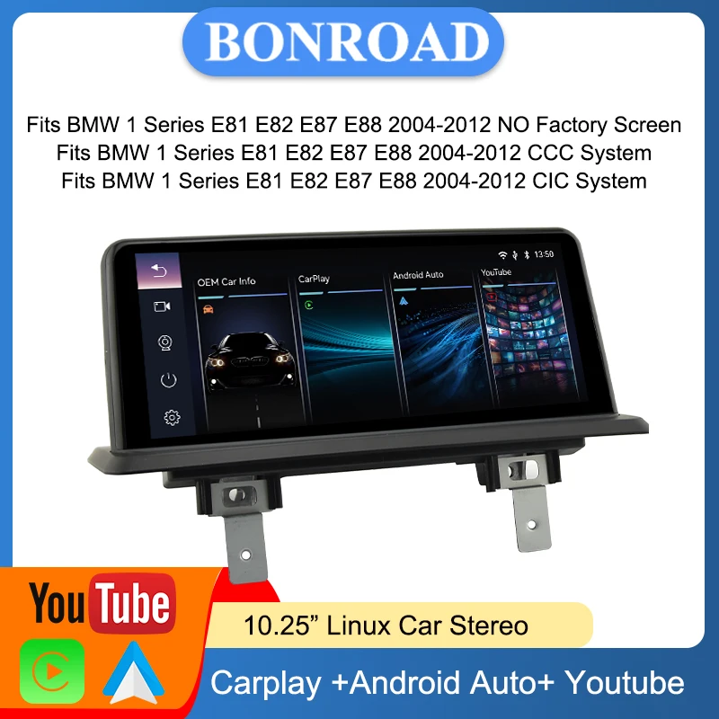 Bonroad 10.25" Linux Wireless Carplay Android Auto Touch Screen For BMW 1 Series 120i E87 E88 E81 E82 2004-2012 Car Headunit