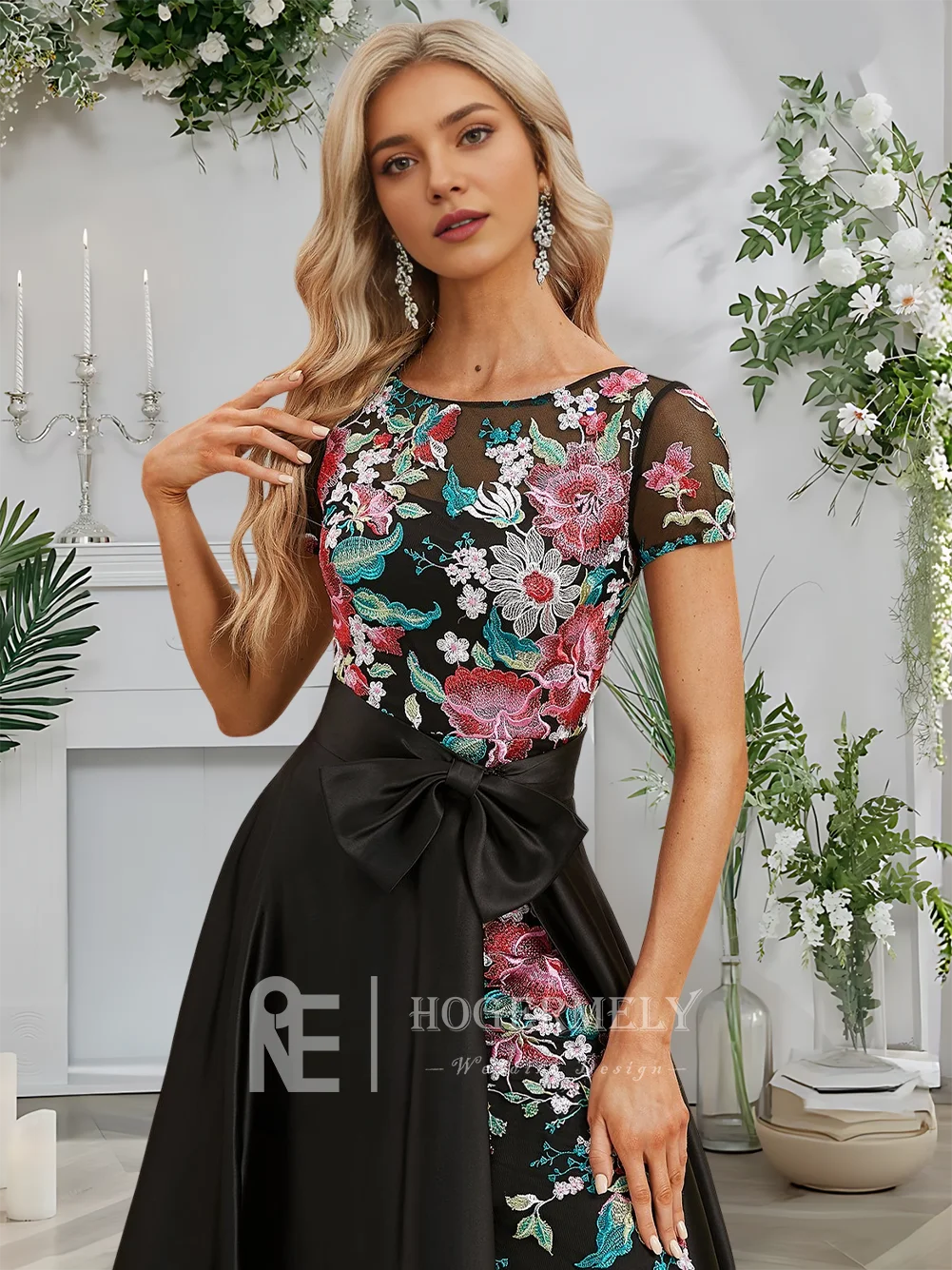 Elegantes Abendkleid für Damen, bodenlang, Satin, florale Spitze, A-Linie, mit umwandelbarer Schleife, U-Ausschnitt, Ballkleid für Hochzeit, Party