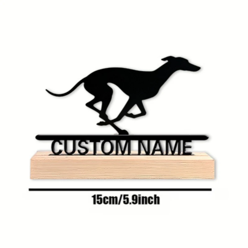 Custom Greyhound Metal Silhouette Statue with Wooden Base, Modern Desktop Art Ornament, Speed & Greyhound Themed Decor for Gift