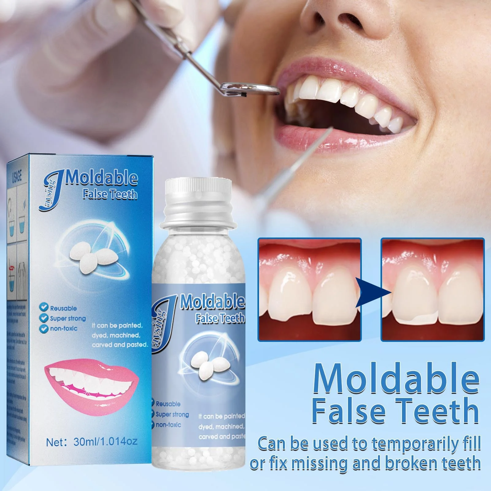 Shapeable dentures, dental glue, film, makeup, temporary filling, dental glue, false filling, broken teeth, gaps filling, etc