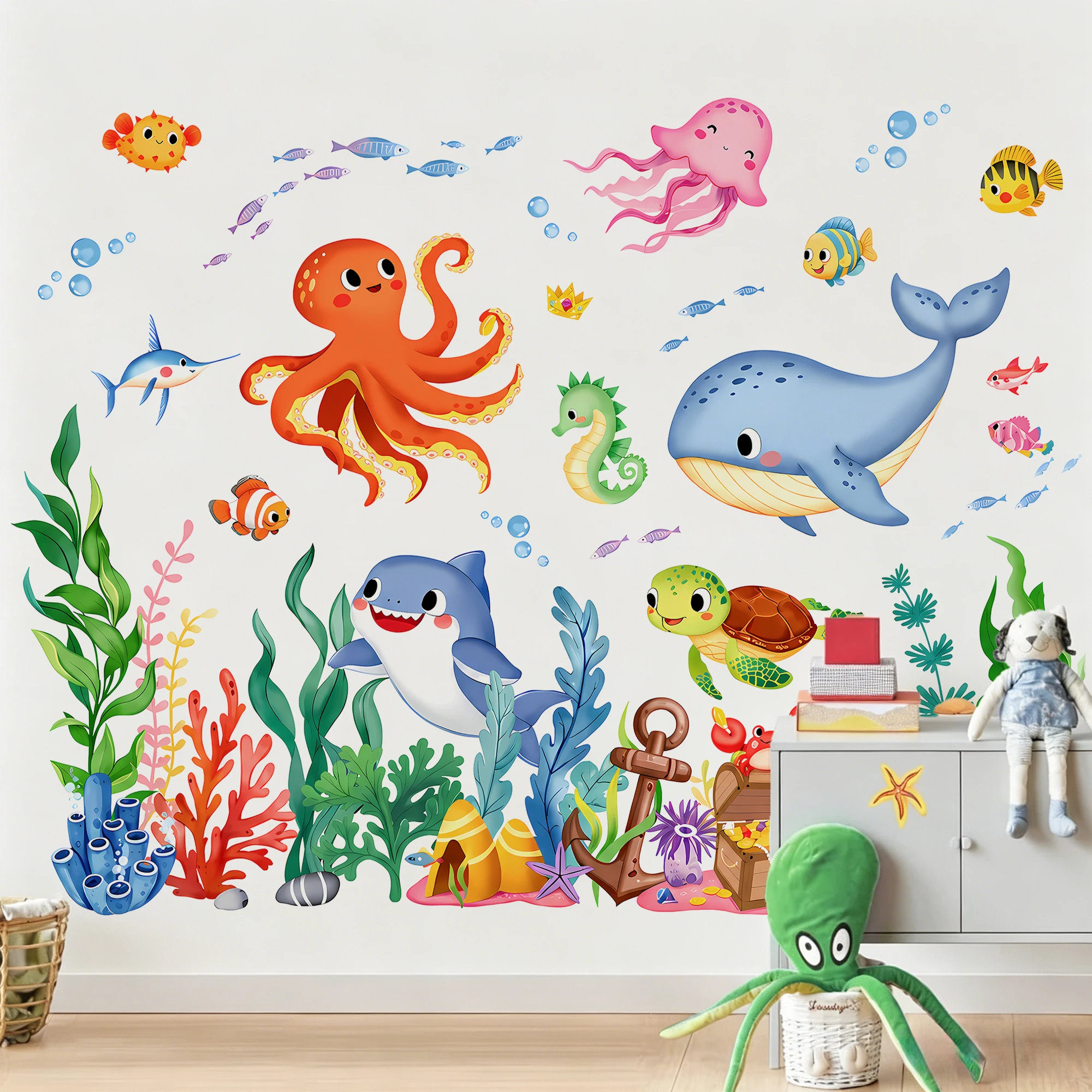 Underwater Ocean Creatures Wall Decal for Children, Sea Animals Sticker, Kids Bedroom and Nursery Decor, DIY & Removable