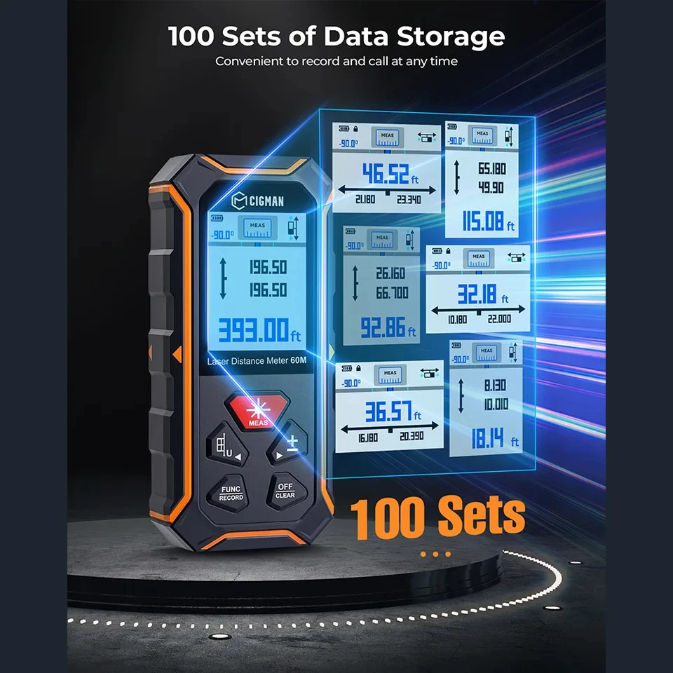 Cigman Cd-60R 393Ft/120M شاشة Lcd قياس ليزر أحمر ثنائي مع 6 وحدات مستشعر زاوية قدم/في/م أوضاع قياس متعددة