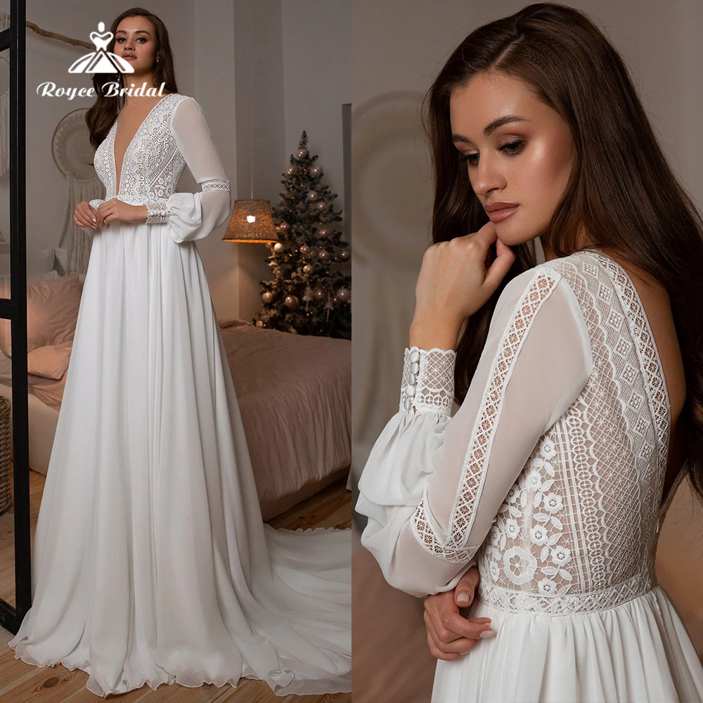 Boho Long Sleeve Sexy Deep V-neck Wedding Dresses A Line 2024 Simple Beach Chiffon Long Wedding Bridal Gowns robe de mariée