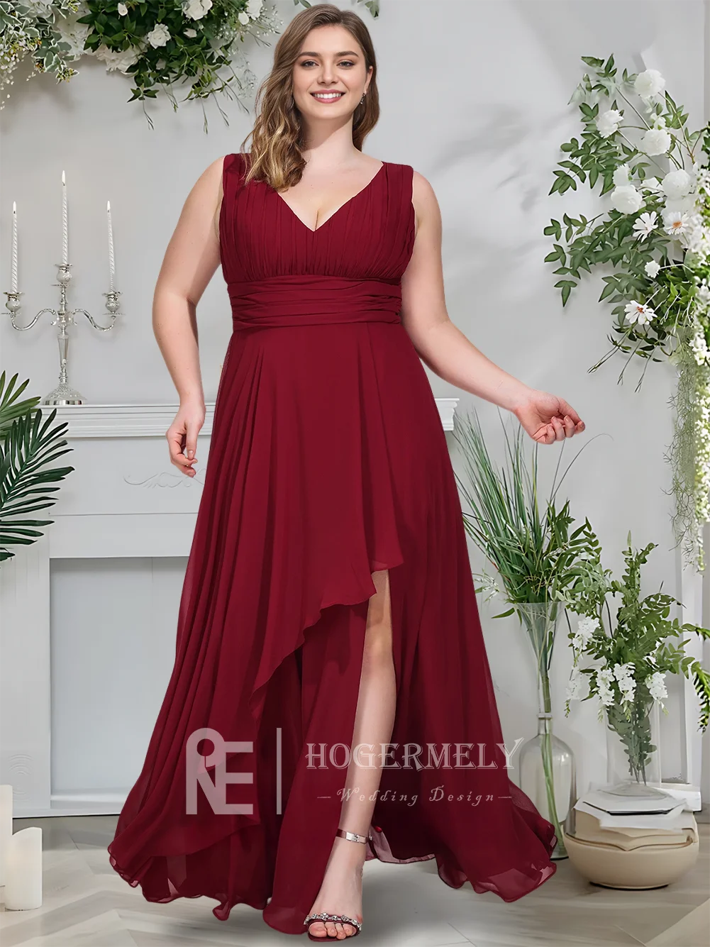 C. ​ ​ エレガントなバーガンディVネック、床丈のブライズメイドドレス、シフォンAライン、ラッフル付き、ウェディングパーティーゲストドレス2025 ​