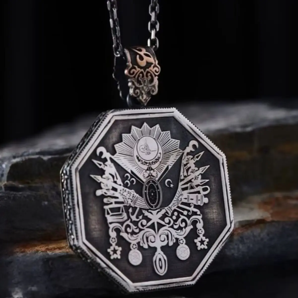 

Handcrafted Octagonal Ottoman Coat of Arms Necklace with Custom Name - Moon and Star Pendant