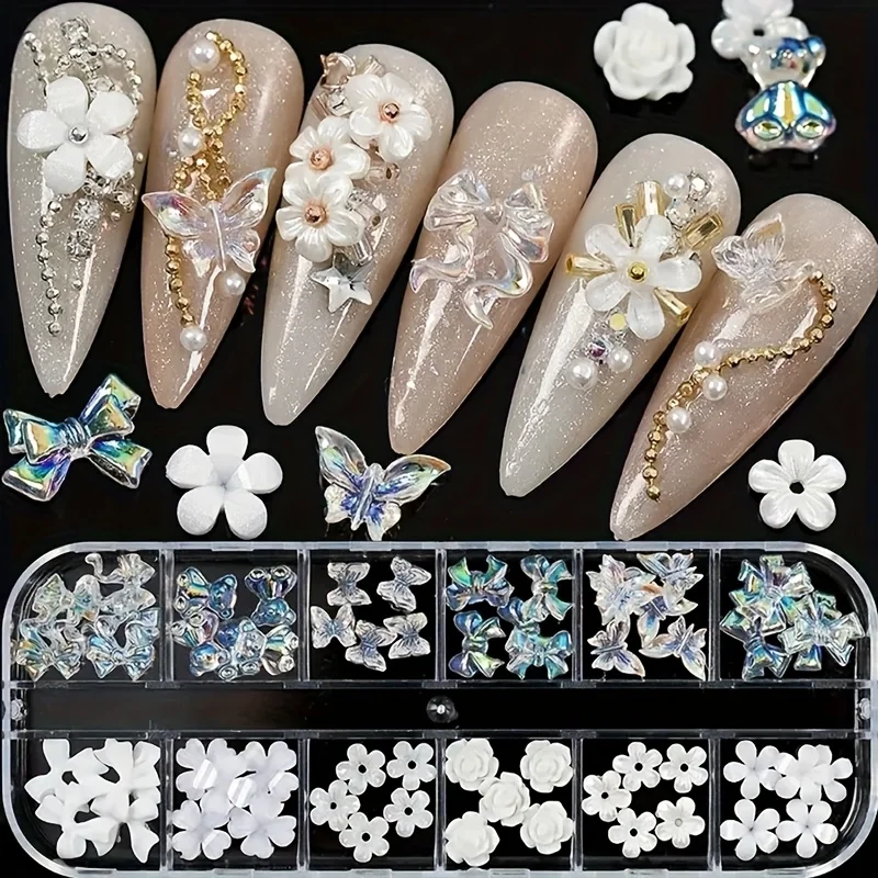 2 Boxes Aurora Butterfly Nail Art Charms Set – Mixed Design with Beads, 3D Resin Flatback Nail Decorations for DIY Manicure, Jew