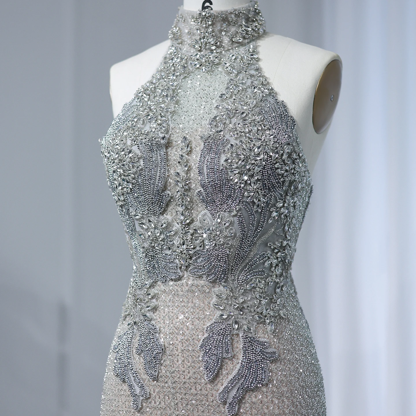 Sharon Said Halter Silver Nude Beaded Luxury Evening Dress for Women Wedding Backkless Arabic Formal Party Gown SS408 Customized image 3