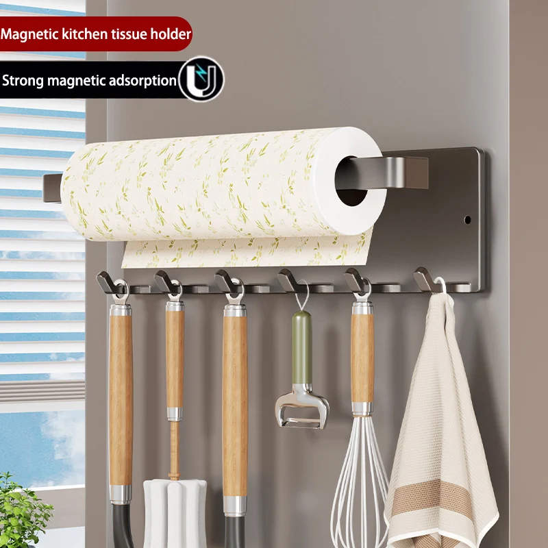 Kitchen Magnetic Paper Towel Holder Punch-free Cabinet Refrigerator Wall-mounted Cling Film Rack Roll Rag Storage Organizer