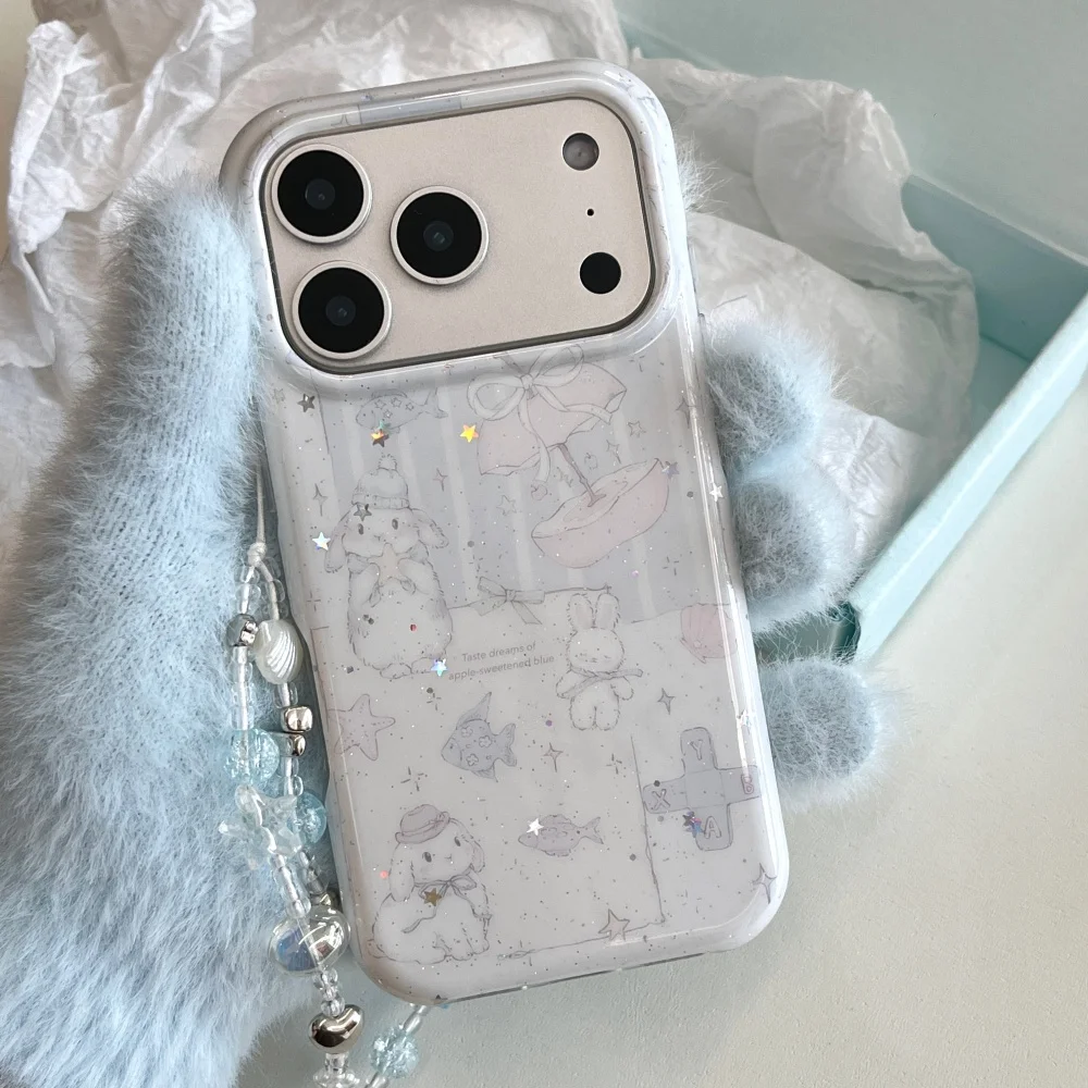 

Winter glitter cute bunny and fish phone case, suitable for iPhone15,14,16,17 Pro Max, Korea INS new shockproof protective case