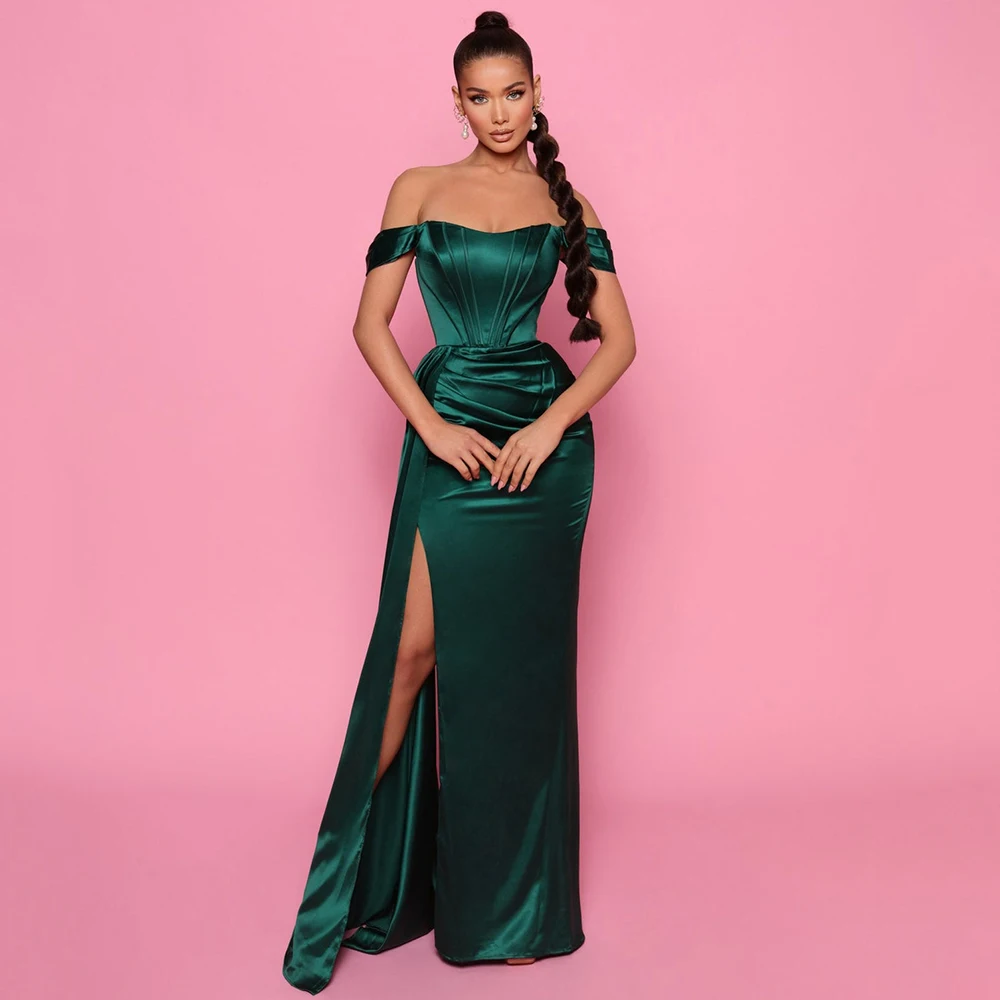 

Simple Dark Green Evening Dress Off the Shoulder Sexy Side Slit Mermaid Floor Length Women Banquet Party Open Back Gowns