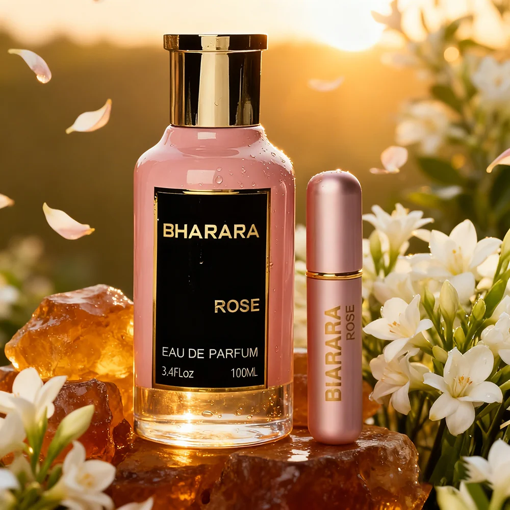 Bharara Rose Women Eau De Parfum 100ml Floral Woody Scent Bergamot Pink Pepper Opening Jasmine Peony Heart Amber Musk Patchouli Base for Daily Wear Romantic Gift for Her