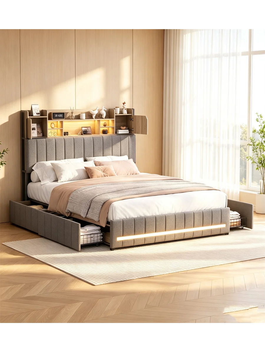 Comanlai 140 x 200 cm Doppelbett, Polsterbett mit 4 Schubladen und Lattenrost, Stauraumbett mit Stauraum im Kopfteil, Leinen, Grau