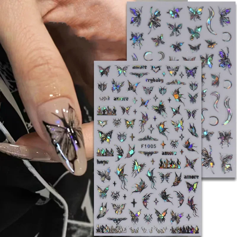 Autocollants pour ongles Laser papillon noir et blanc Y2K, 1 pièce, décoration Nail Art, lignes abstraites, fleurs bronzantes, autocollants pour ongles