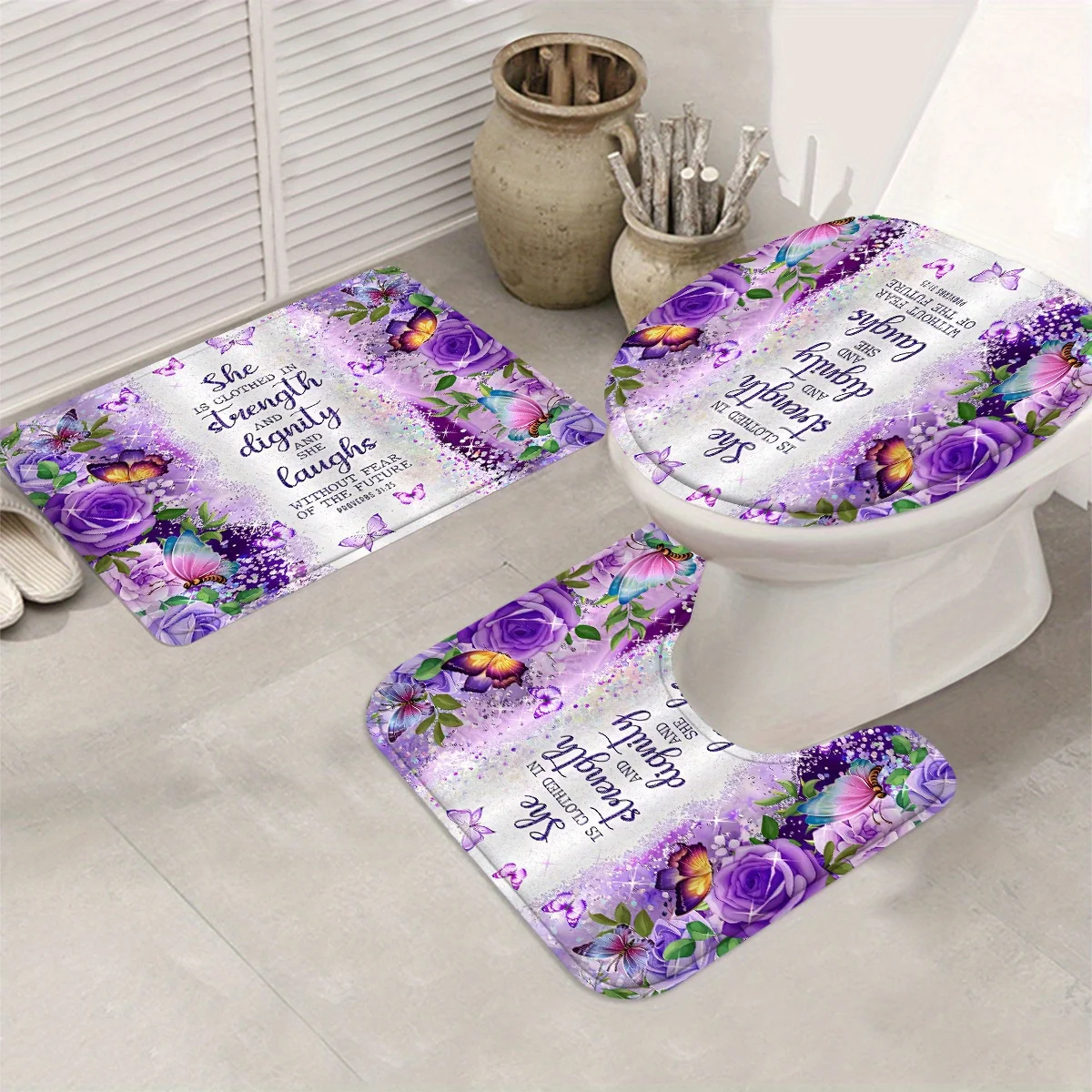 4pcs Vibrant Purple Flowers and Butterflies Shower Curtain Set - Privacy Curtains with Modern Design, Water-Repellent Fabric