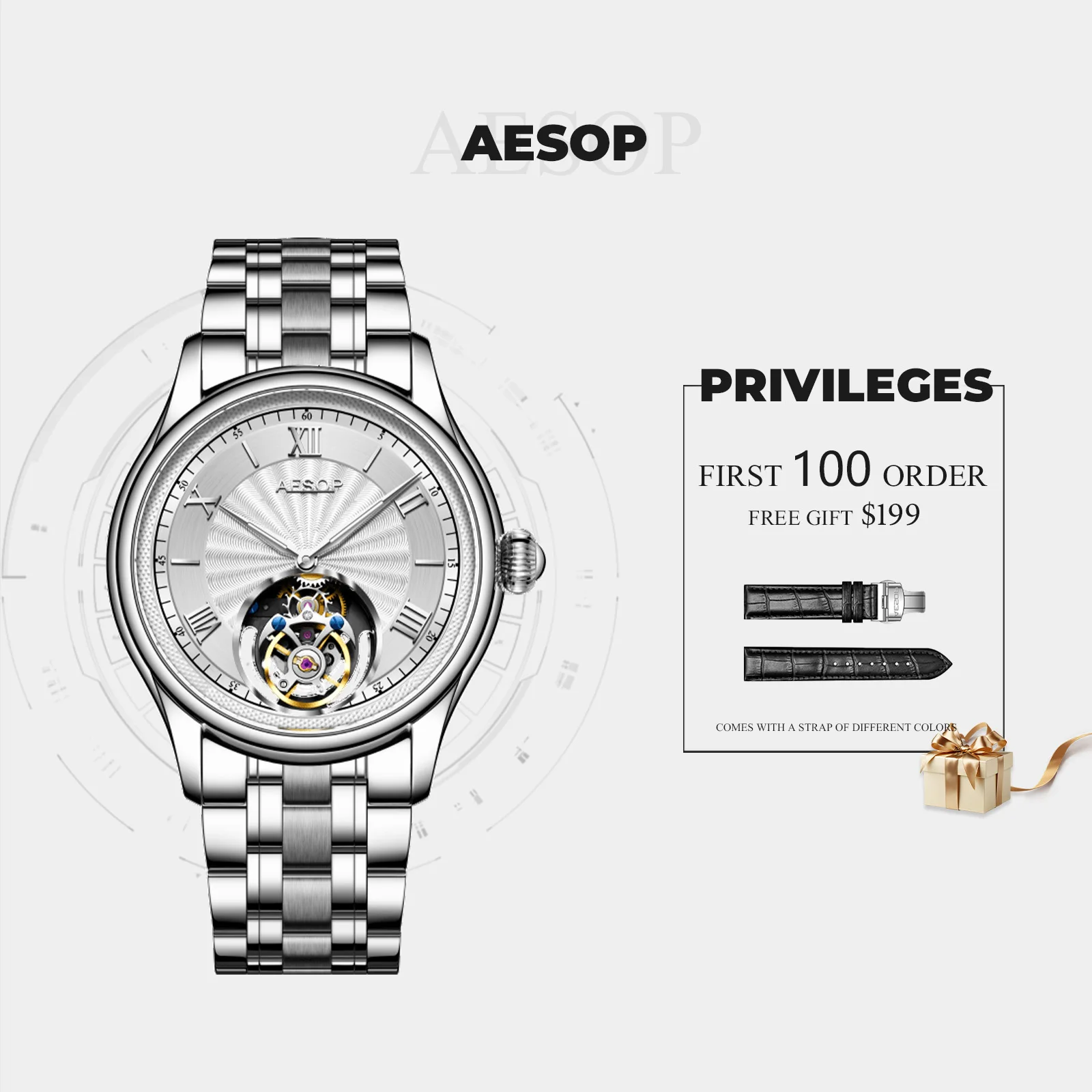 AESOP high-end tourbillon automatic watch Men's tourbillon movement mechanical watch waterproof stainless steel men's gift