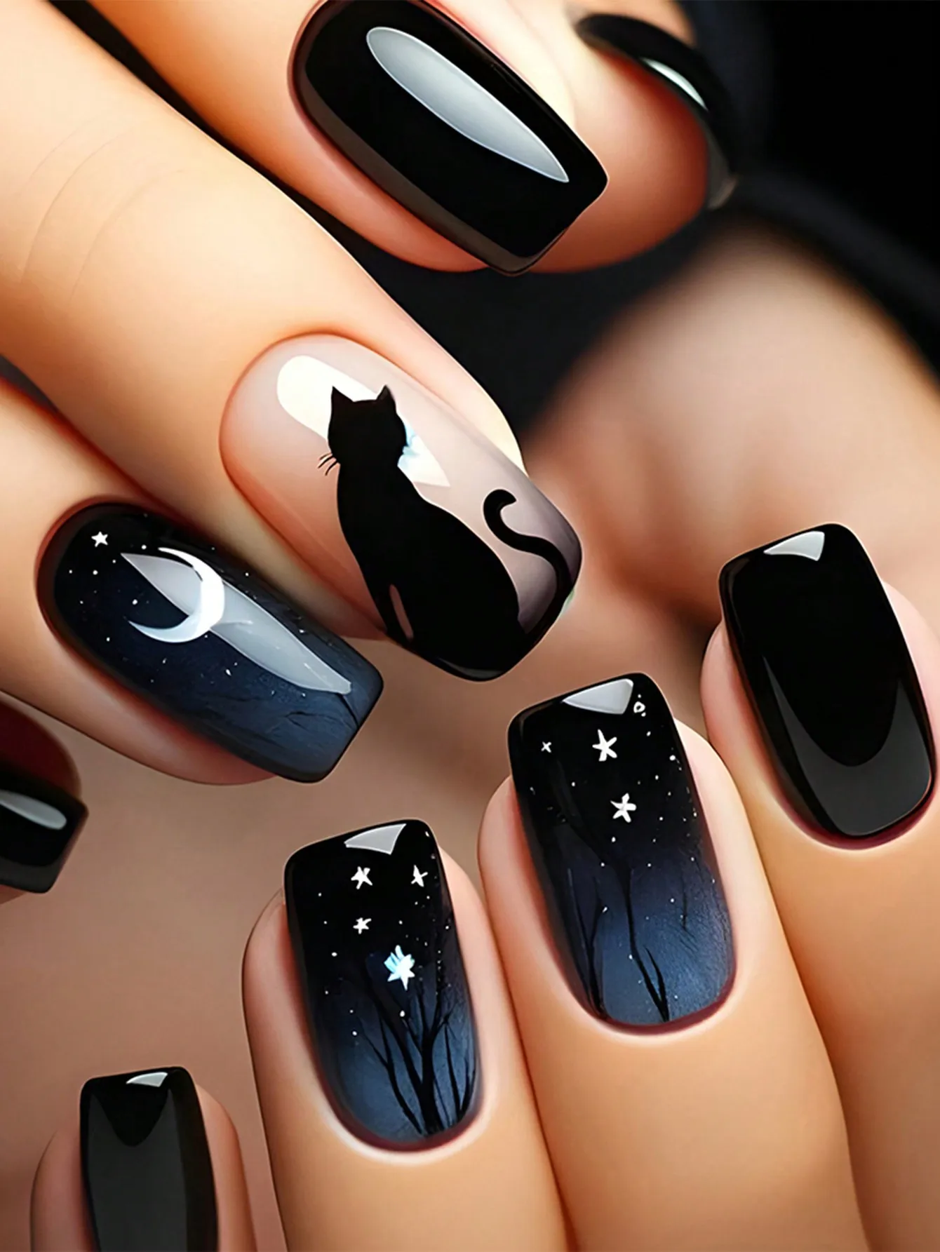 

24pcs Medium Press On Nails Square Black High Saturation Nail Charms Press On Nails Cover Fake Nail Set