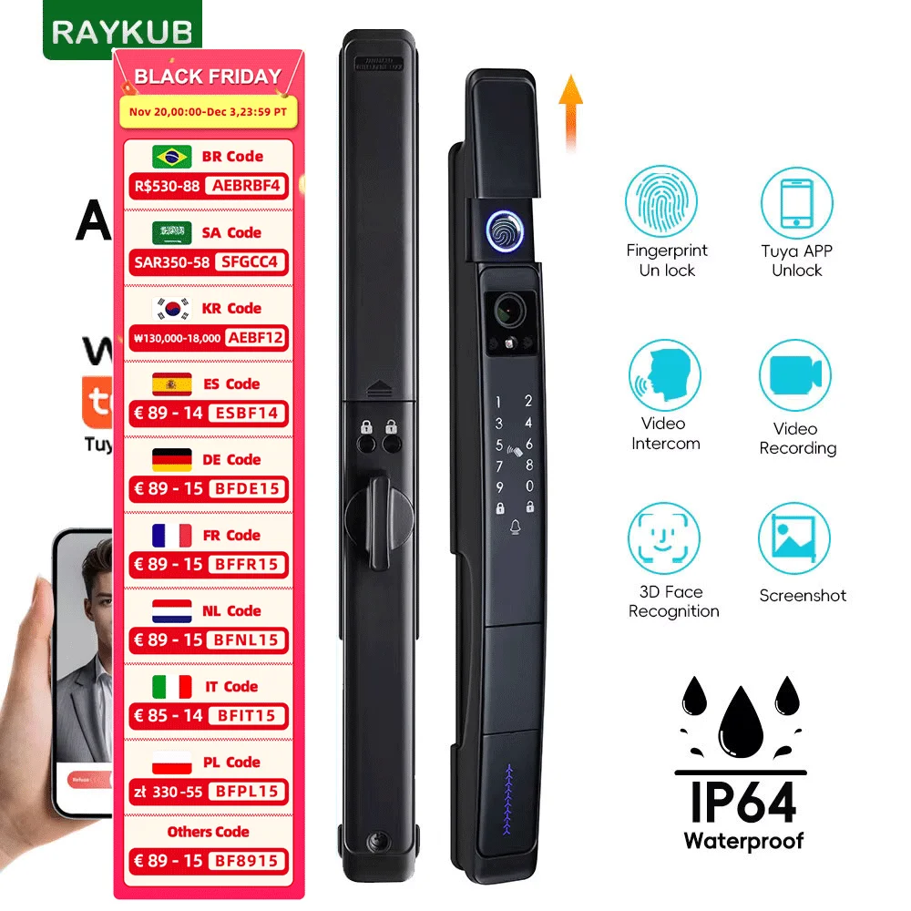 

RAYKUBE A216 Tuya WiFi Waterproof Visual Intercom 3D Face Recognition Digital Fingerprint Lock With Video Call Keyless Unlock