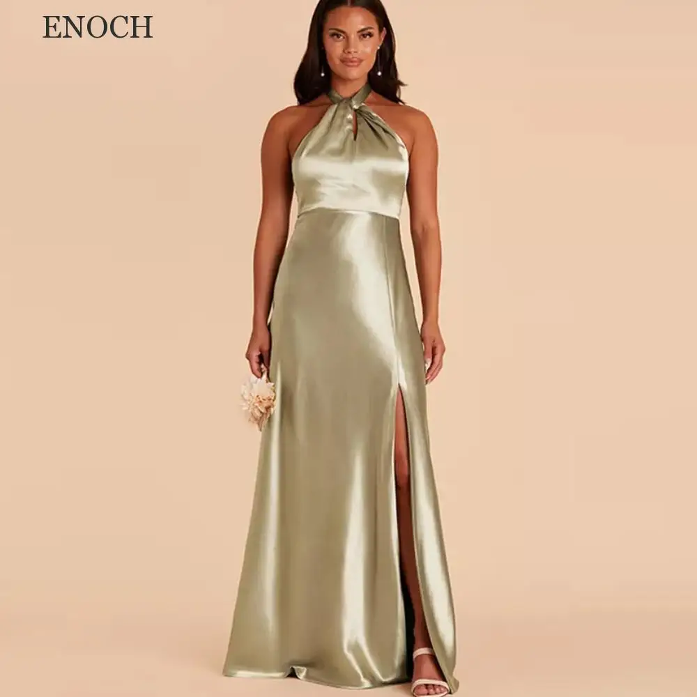 ENOCH Halter Side Slit Bridesmaid Dresses Simple Sleeveless Satin Party Dresses Sweep Train Beach Vestidos De Fiesta Open Back