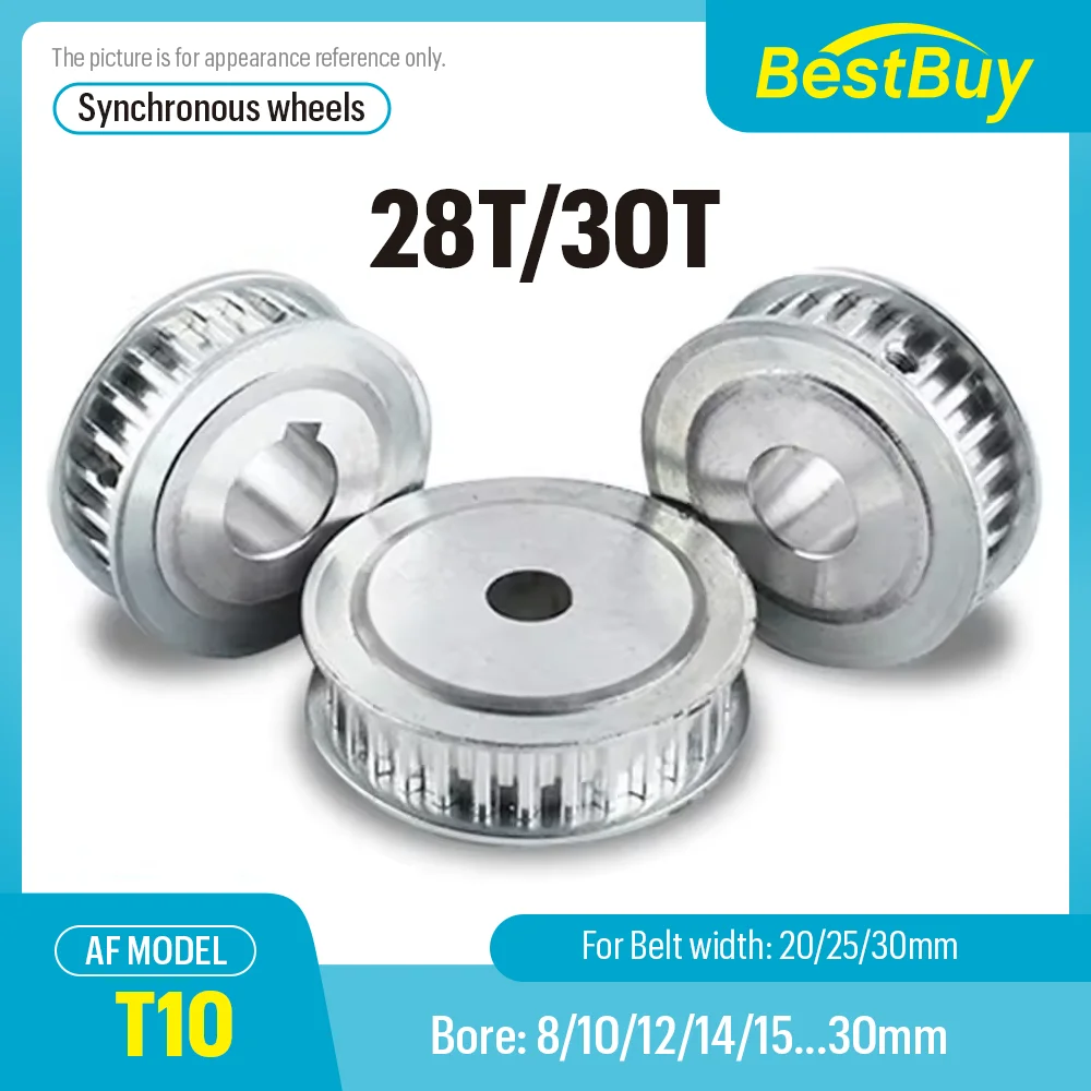 T10 28T/30 Teeth AF Shape Synchronous Wheels Bore 8-38mm for T10 Timing Belt Width 20/25/30mm Pitch 10mm