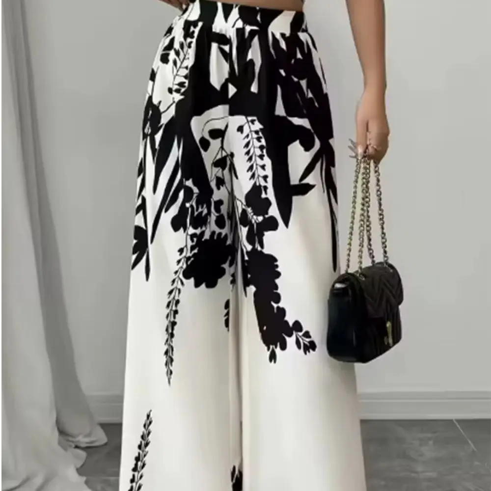 Women's Tropical Print Wide-Leg Pants Elastic Waist Design Slim Fit for Casual Vacation Wear 2026 Comfortable Wide Leg Trousers
