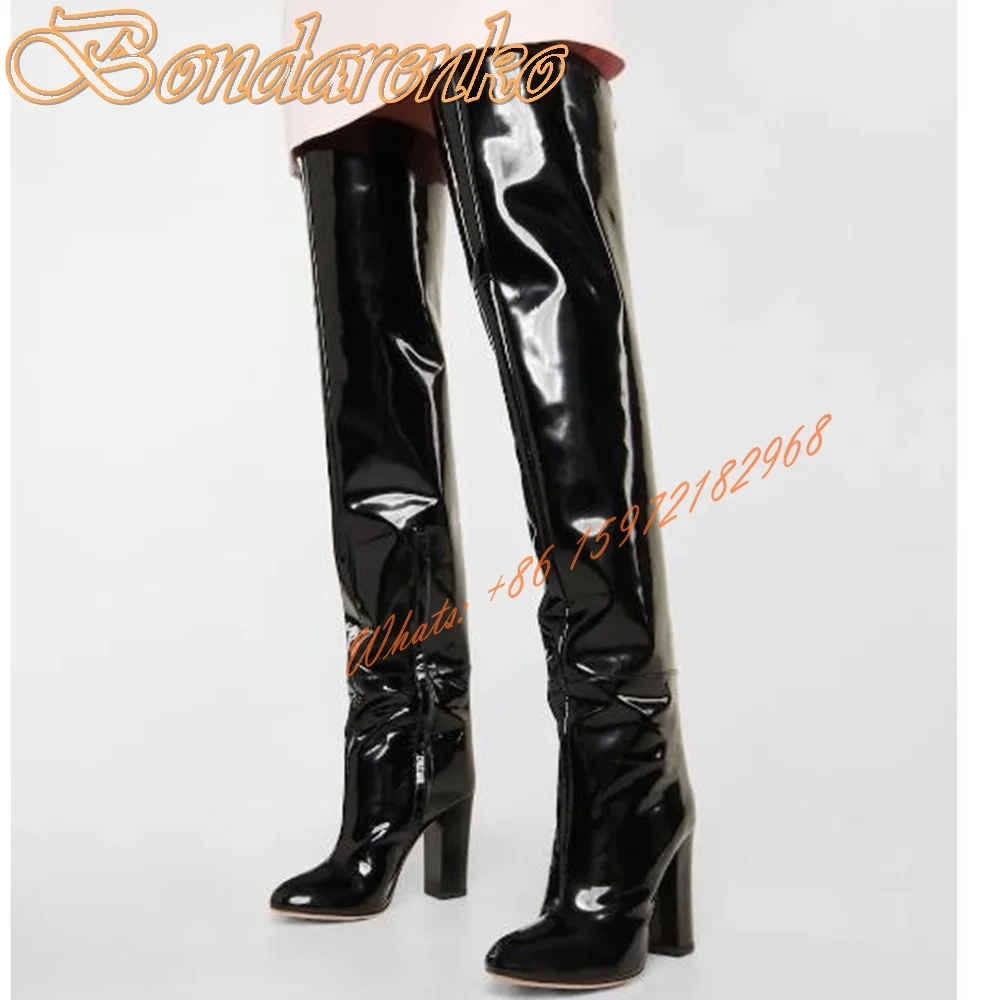 

Round Toe Shiny Leather Boots Chunky High Heels Over The Knee Side Zipper Solid Women New Boots Winter Party Dress Sexy Shoes