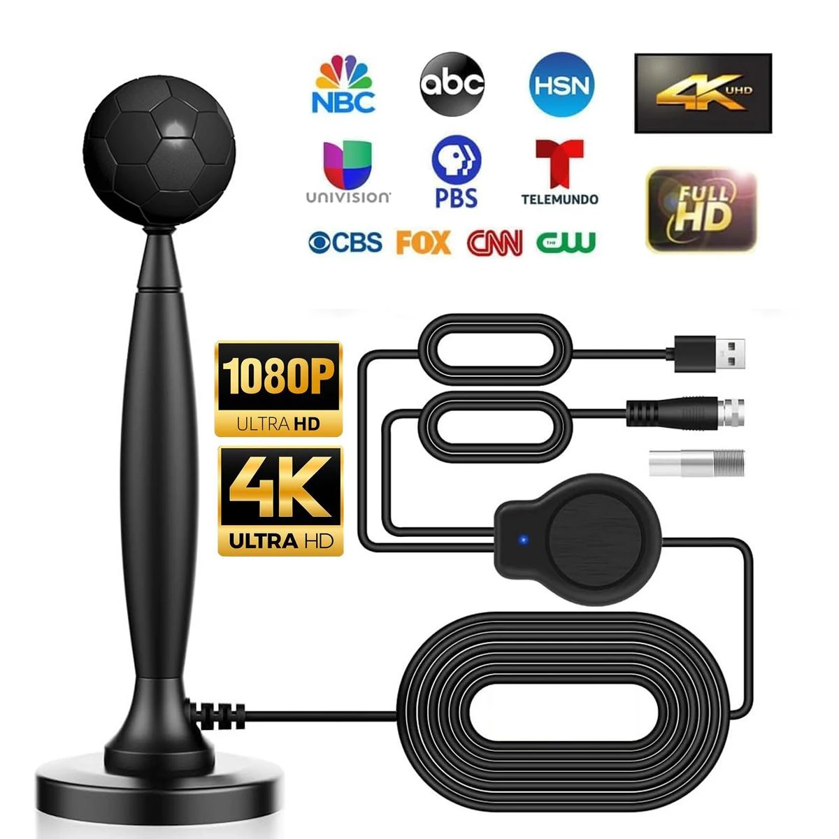

4K HD Digital TV AntennaUltra-Long Range 250+ Miles Amplified–360° Omnidirectional Reception,Magnetic Mount for Home/Camping