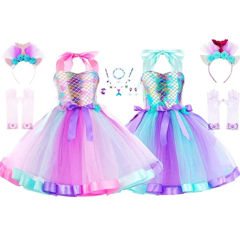Robe Tutu sirène pour filles, thème sous la mer, Costumes de Cosplay d'halloween pour fête d'anniversaire avec bandeau fleuri