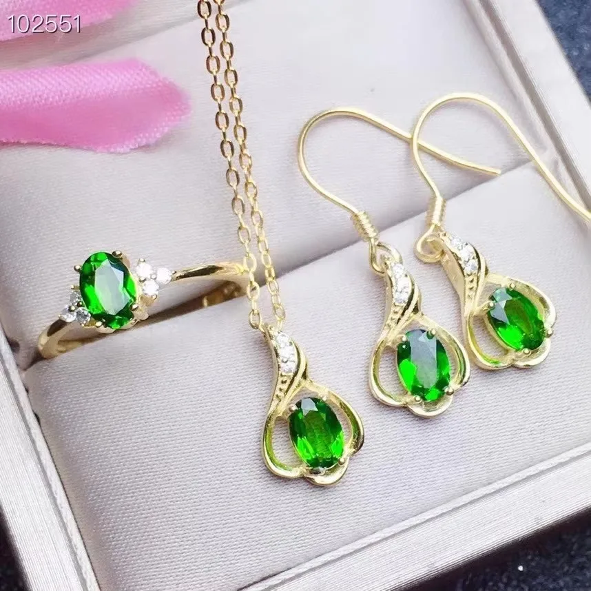 

KJJEAXCMY fine jewelry 925 sterling silver inlaid natural diopside Women's delicate elegant Green Gem Ring Pendant Earring Suit