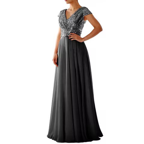 sequin new newvcollar bright piece chiffon stitching evening long dress