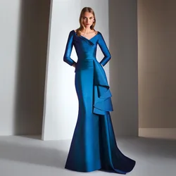 Elegant Blue Mother Of The Bride Dresses V Neck 3/4 Sleeves Mermaid Wedding Guest Dress Pleat Floor-Length Vestido De Noiva