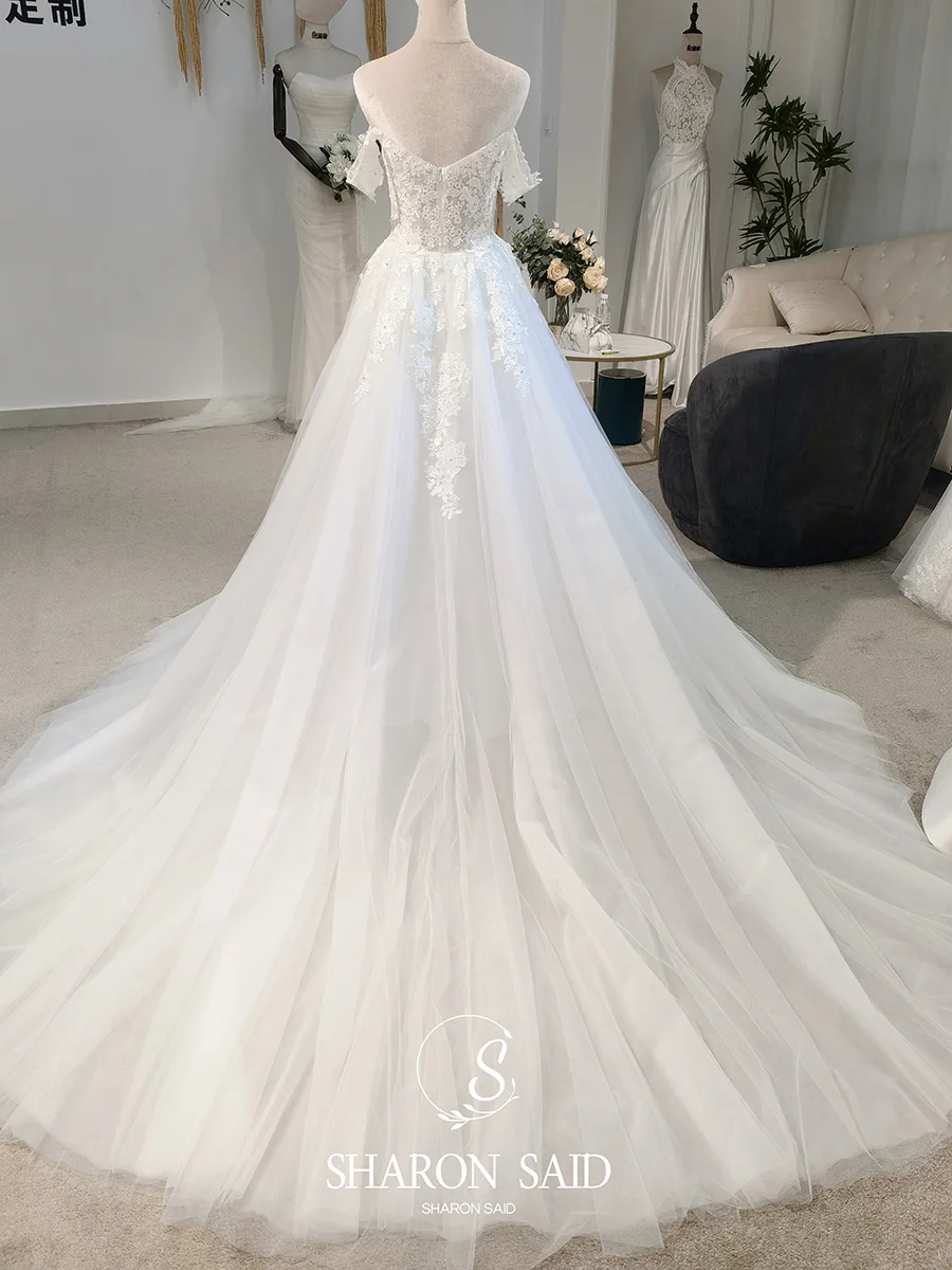 Sharon Said 2025 Gaun Pengantin A-line Tulle Bunga 3D 2025 Gaun Pengantin Sweetheart Tanpa Bahu Elegan AM026 Disesuaikan