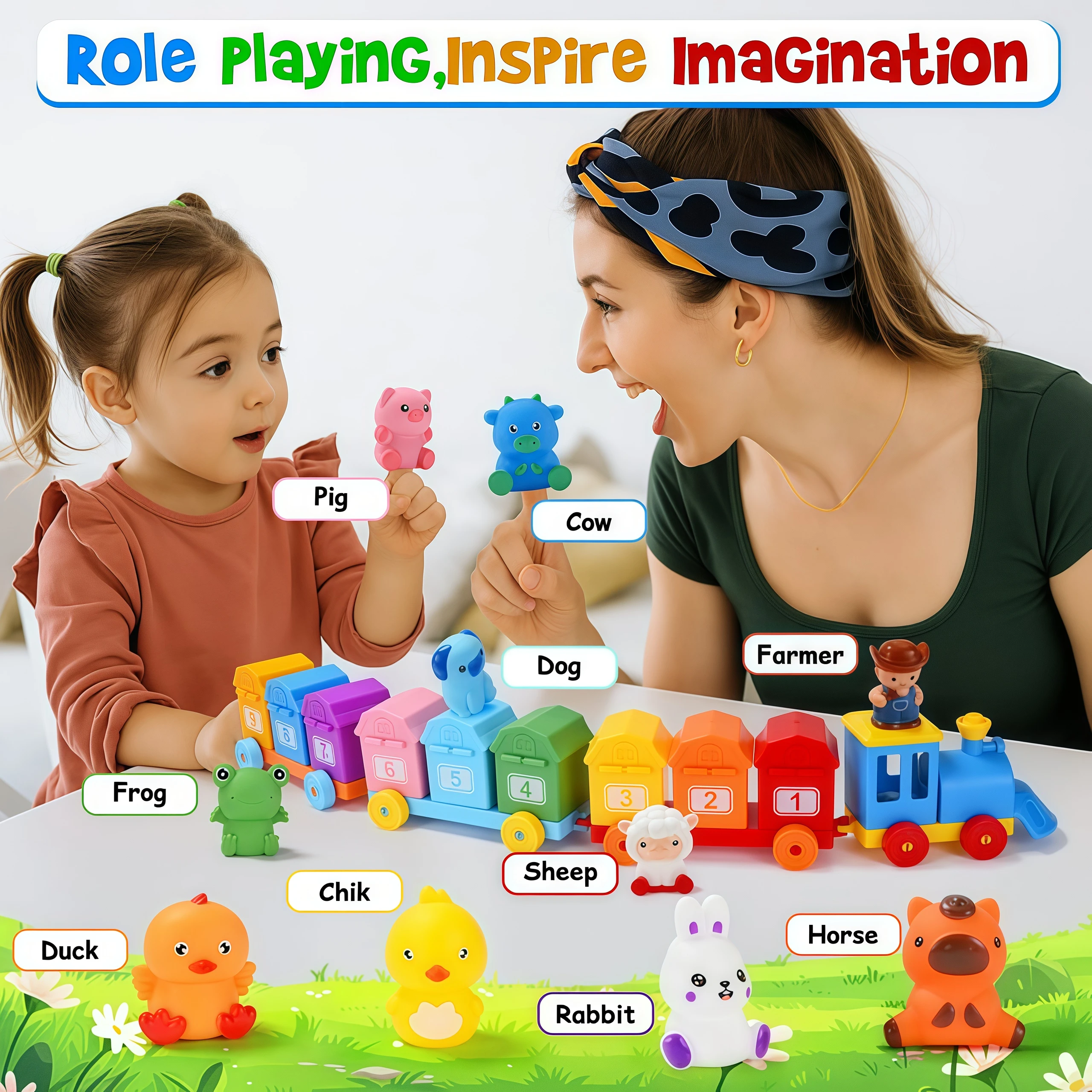 Toddler Learning Toys Farm Animals Train Set with Finger Puppets, Color Matching Toy Unlock Barns Fine Motor Game Counting Toys
