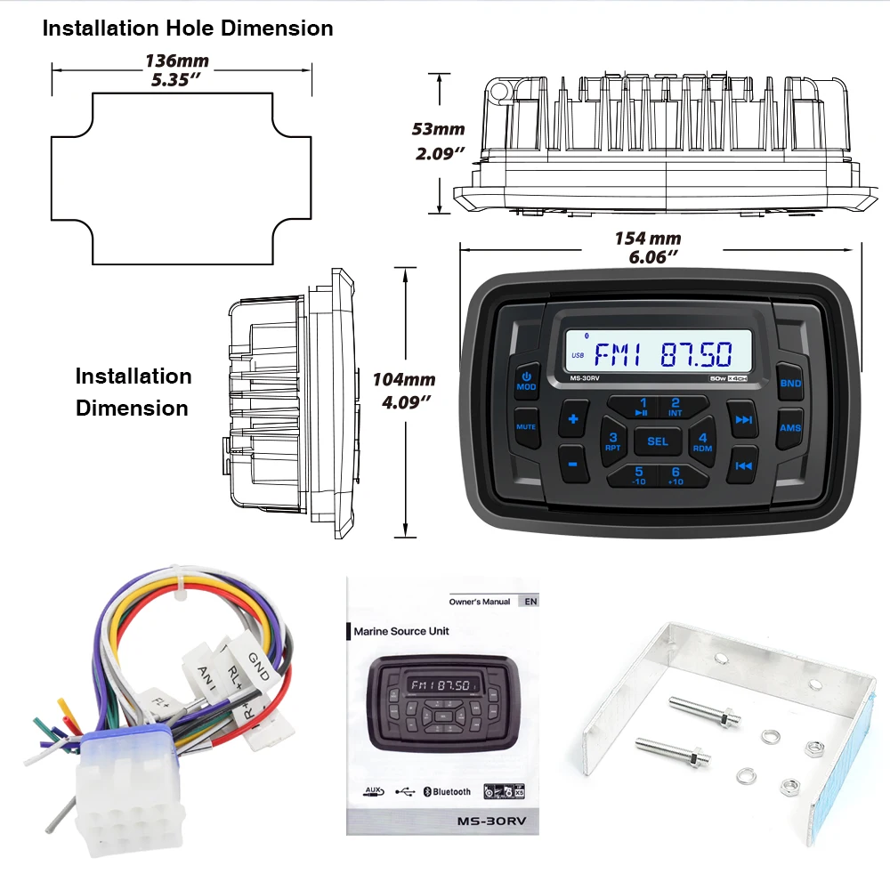 AKAMATE Marine Stereo Boat Radio FM AM MP3 Media Player Wodoodporny odbiornik Bluetooth USB AUX EQ dla UTV ATV SPA RZR IPX5