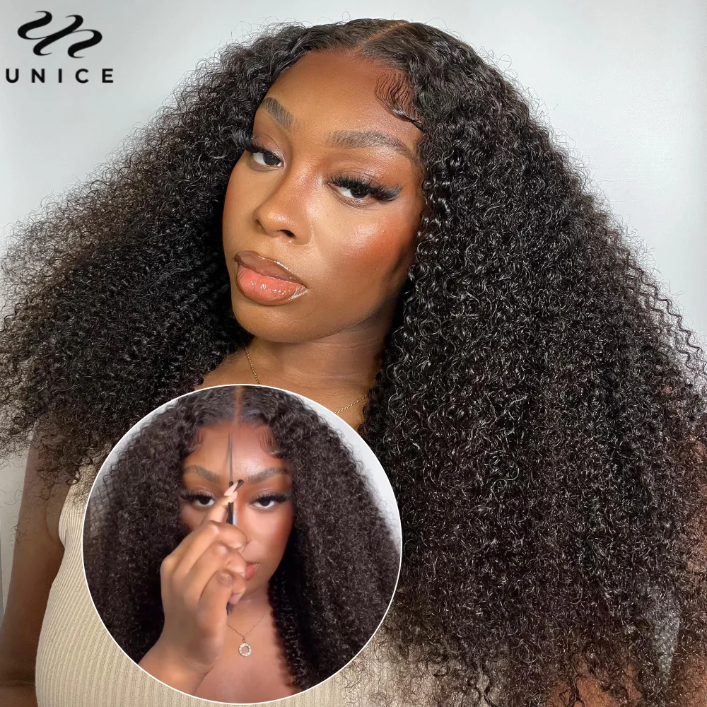 UNice Hair 7X5 Pre Cut Pre Lace Bleached Kinky Curly Wig Natural Color Human Hair Glueless Wig Ready To Wear Go 150% Density