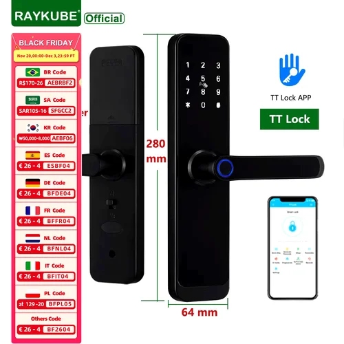 Cerradura RAYKUBE K8 TT, cerradura de puerta inteligente con Bluetooth, cerradura eléctrica Digital con huella dactilar, timbre con paneles de mango más grande